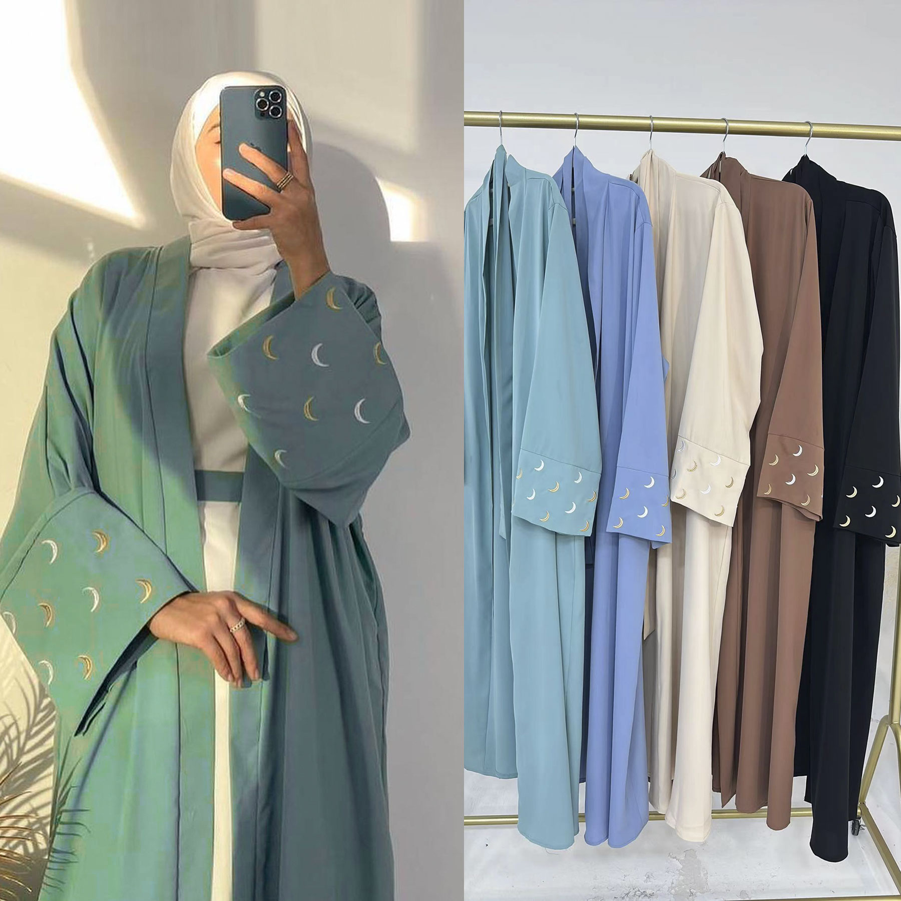 Abaya 2024 Loriya Eid New Islamic Clothing Women&#39;s Dresses Nida Moon Embroidery Open Abaya Modest Dubai Abaya Women Muslim Dress 