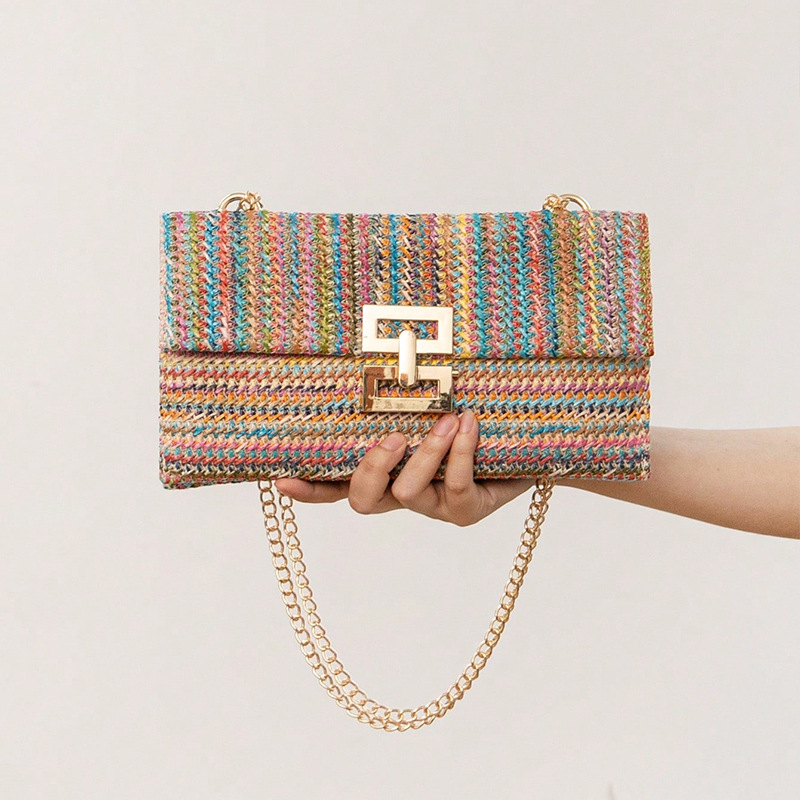 Ladies Travel Bohemian Chain Strap Straw Bag Purse Straw Clutch Elegant Straw Envelope Armpit Bag Crossbody Bag Fro Women 