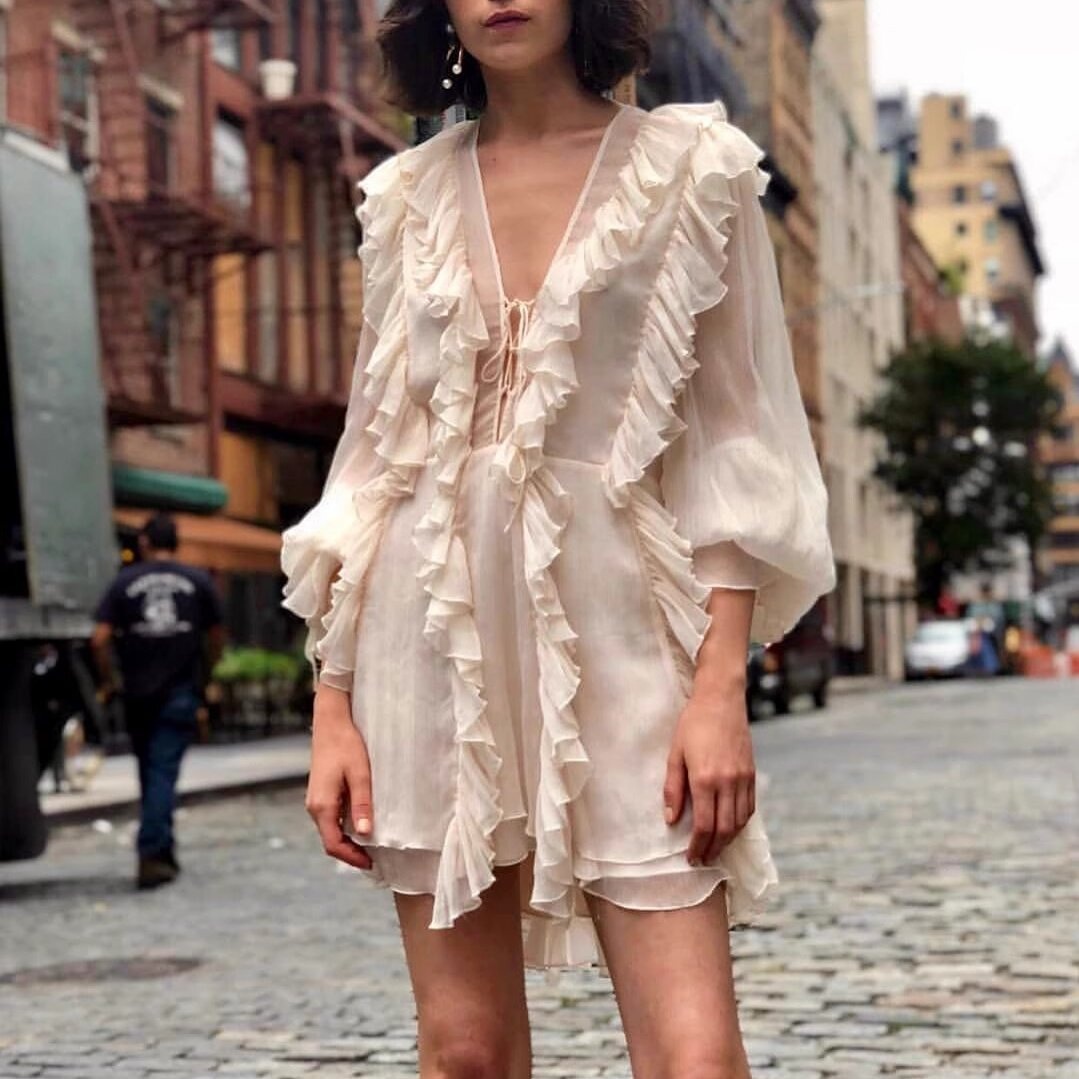 2024 New Arrival Women&#39;s Clothing Deep V-neck Lace Up Dresses Flared Long Sleeve Beach Chiffon Elegant Ruffled Casual Dress 