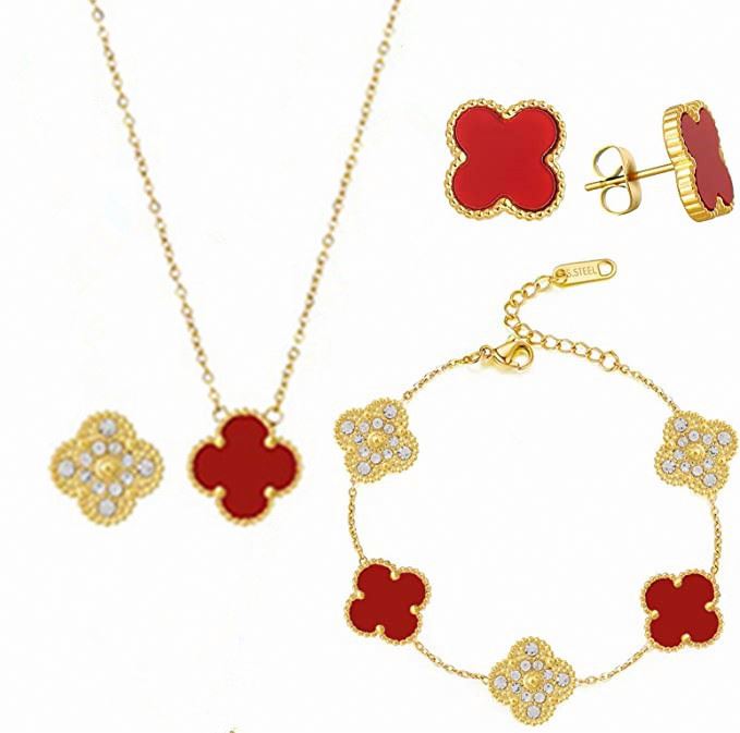 Wholesale Luxury Women Fashion Jewelry 18k Gold Plated Lucky Double Sided Stainless Steel Four Leaf Clover Jewelry Set For Women 