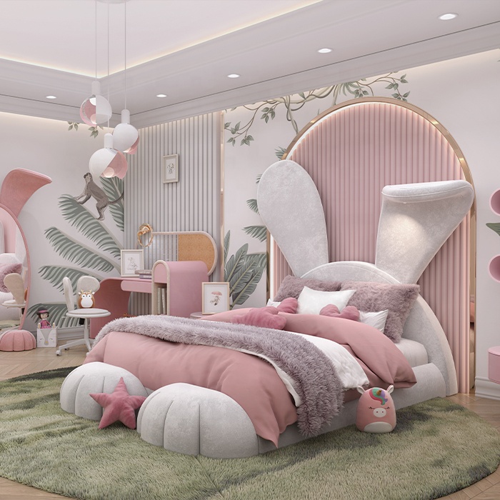 Nova Light Luxury Young Children Single Bed Cartoon Rabbit Design Modern Bedroom Furniture Set Solid Wood Kids Boy Storage Bed 