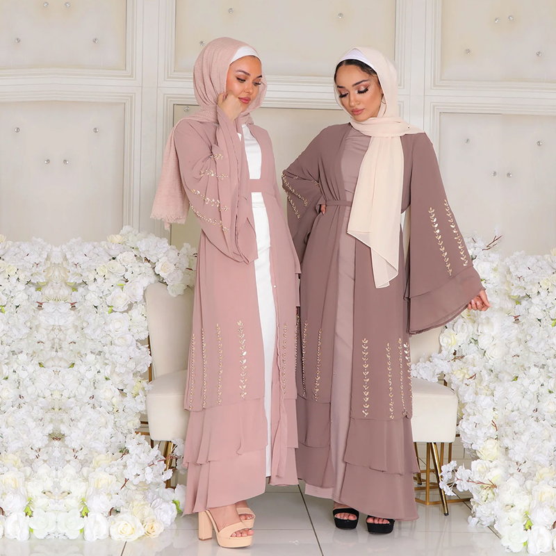 Islamic Clothing Dubia Long Chiffon Layered Abaya Dress Wholesale Flare Layered Abaya With Double Layered Sleeves 