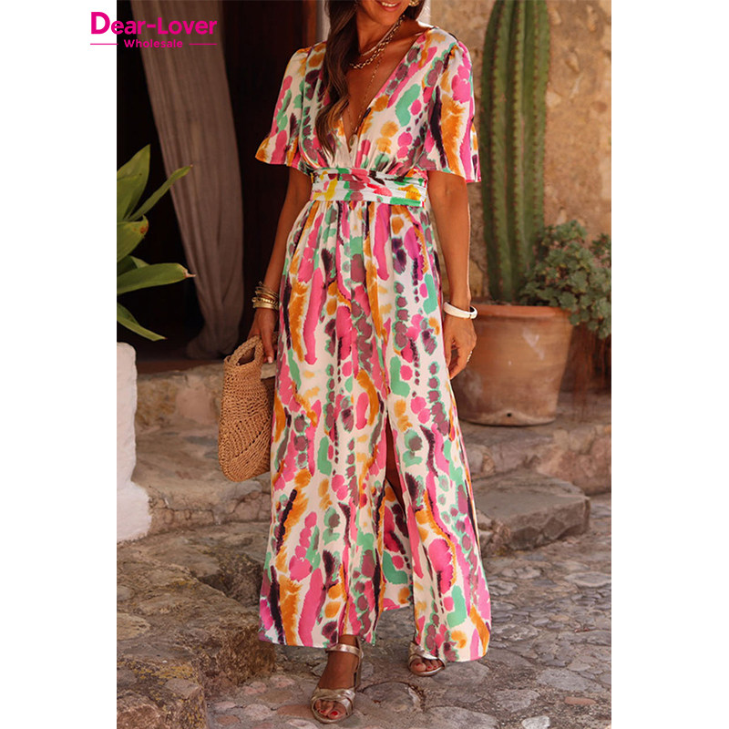 Dear-lover Trending Casual Elegant Pink Boho Tie-dye Print V Neck Maxi Dresses Women 
