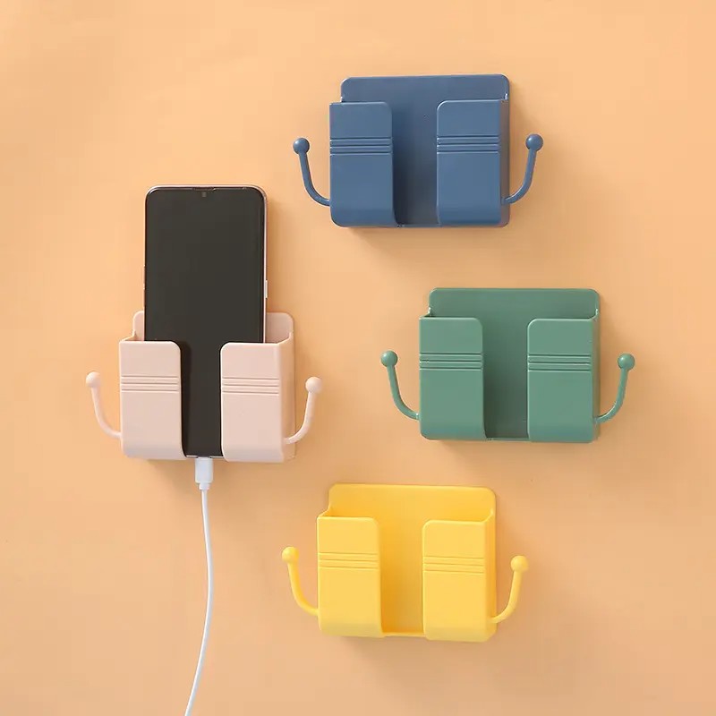 Phone Accessories Wall Mount Adhesive Mobile Phone Wall Charger Holder And Remote Control Stand Multipurpose Storage Box 
