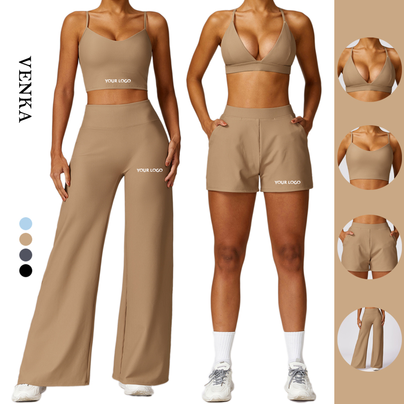 2024 Women 2 Piece Gym Workout Suit Beautiful Back Sports Bra Tank Top With Pockets Shorts Pants Ladies Ribbed Fitness Yoga Sets 