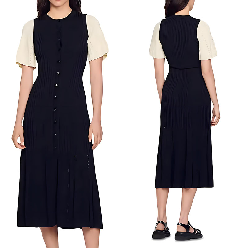 Custom Fashion New Design Round Neck Short Contrast Sleeves Dress Ribbed Knit Dress With Button Closure 