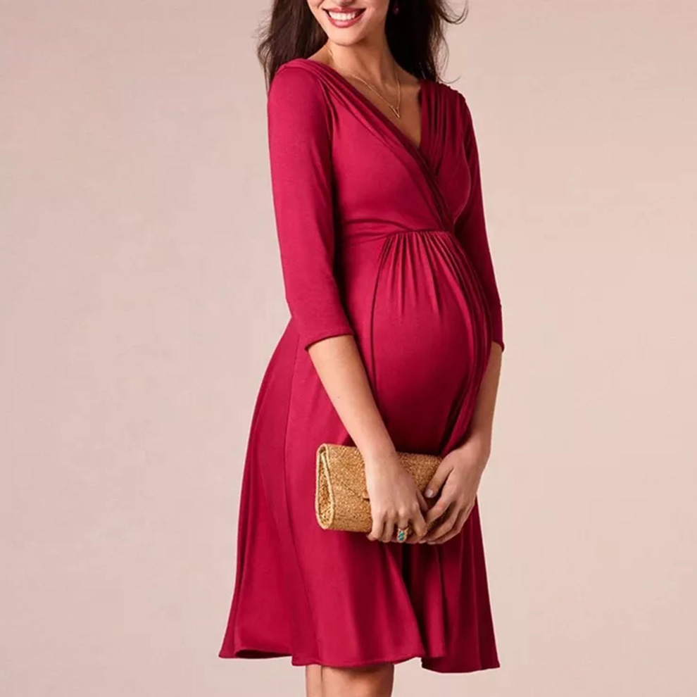 Women&#39;s Faux Wrap Maternity Dress With Adjustable Belt V Neck Breastfeeding Pregnancy Dresses Casual Nursing Dress 