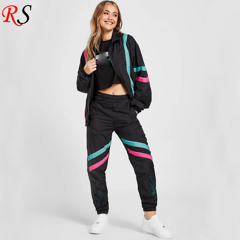 New Style Cheap Design Your Own Sportswear Black Womens Windbreaker Tracksuit Wholesale 