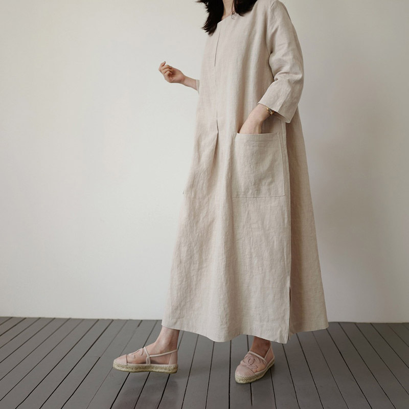 Custom Natural Linen Women Dress Solid Color O-neck Linen Blend Maxi Dresses For Women Linen Dress With Pocket 