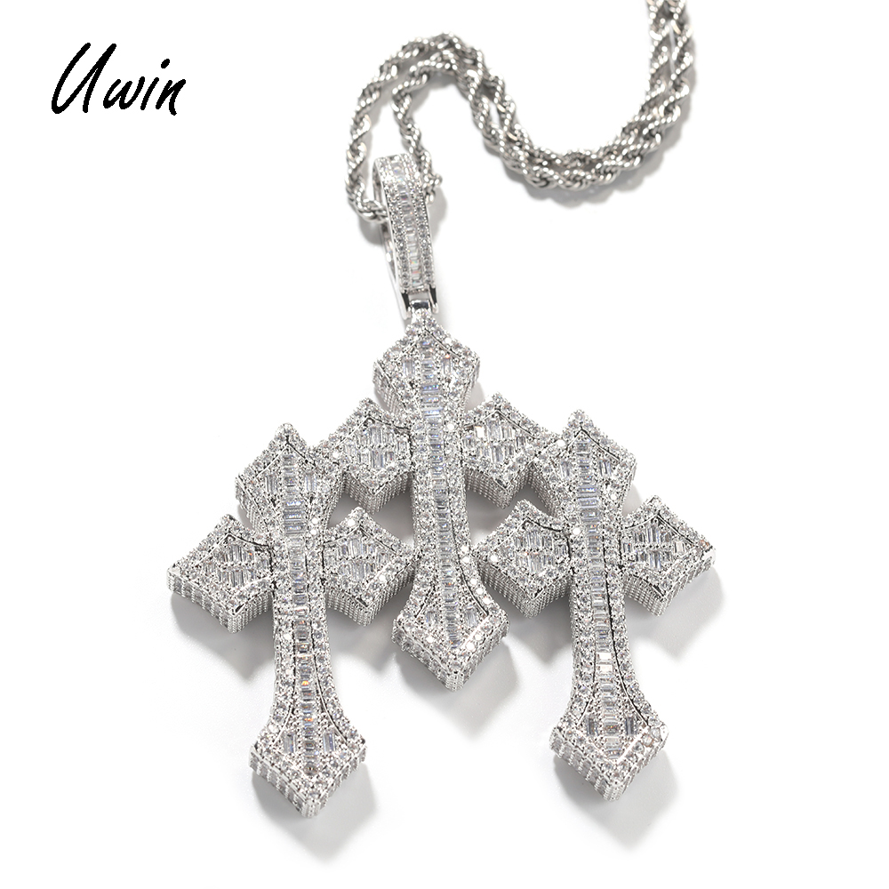 Uwin Wholesale Fashion Baguette Cz Cluster Cross Jewelry Three Cross Pendant Hip Hop Christian Jesus Cross Pendant Necklace 