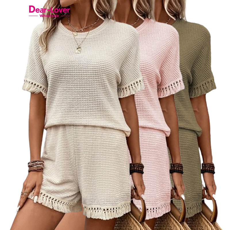 Dear-lover Beige Fringe Trim Textured Short Two Piece Set Women Clothing 
