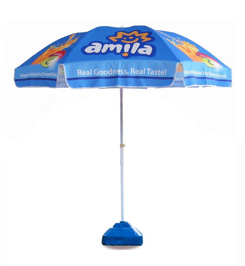 Wholesale Outdoor Promotional 8ft Sun Umbrella With Base Portable Folding 8 Ft 10 Feet Custom Logo Printing Beach Umbrella 