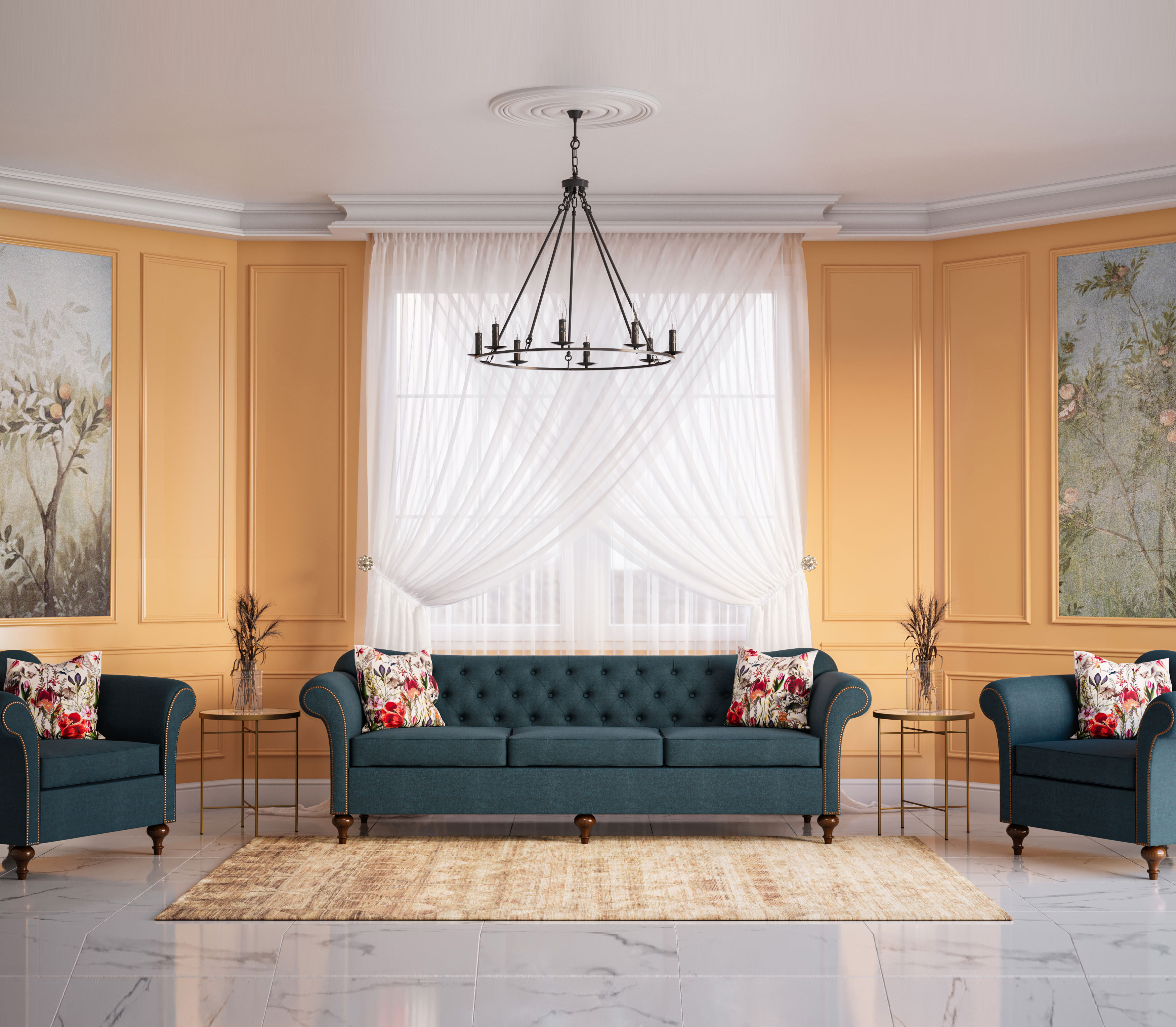 Nobel 1+2+3 Seater Sofa Set Fabric Winter Blue Velvet Wooden Legs Walnut Finish Flex Foam Seat Softness Sofa 