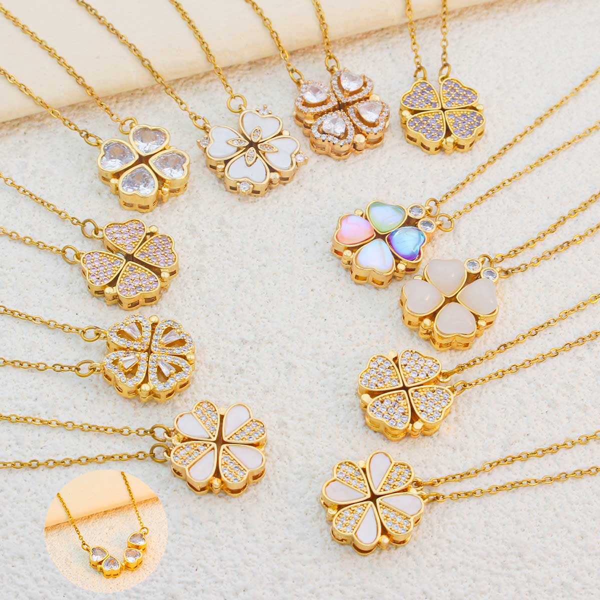 Women&#39;s Daily Wear Gold Plated Copper Pendant Necklace Fashion Jewelry With Magnetic Clover And Cubic Zirconia For Women 