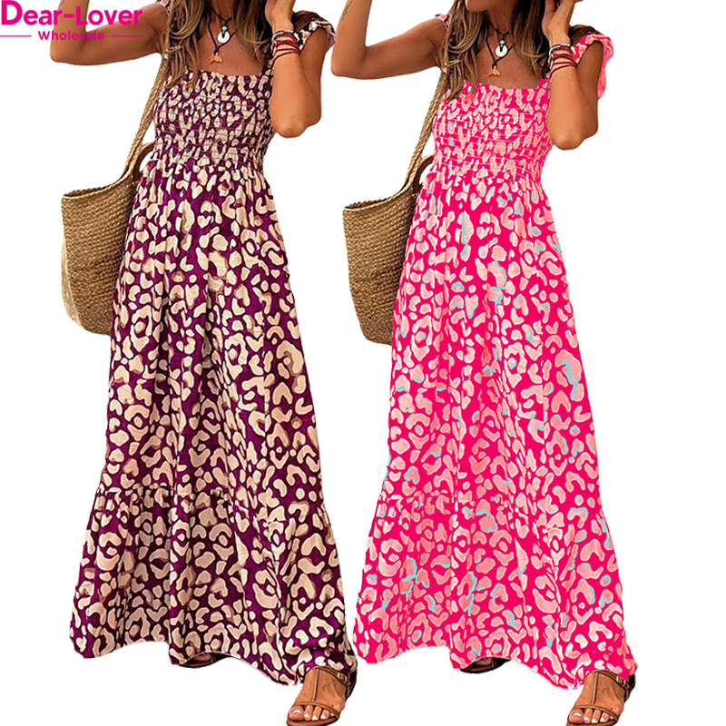 Dear-lover Wholesale Private Label High Quality Valentine V Neck Ruffled Shirred Floral Maxi Long Dresses Women Lady Elegant 