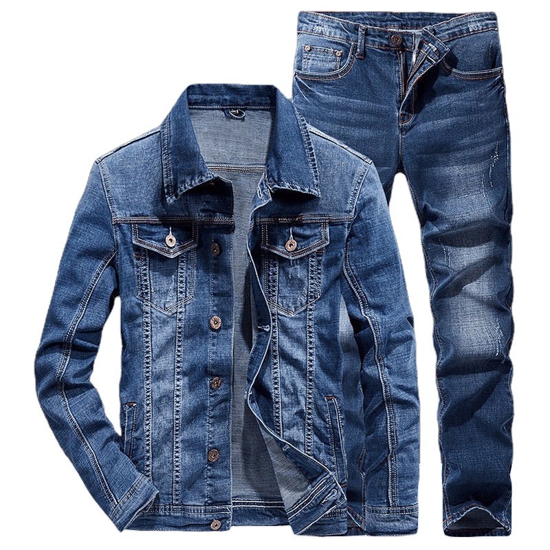 Fashion Hot Selling Men&#39;s Denim Suit Custom Fitness Two Piece Set Men&#39;s Bicycle Denim Jacket And Jeans Fabric Casual Knitted 