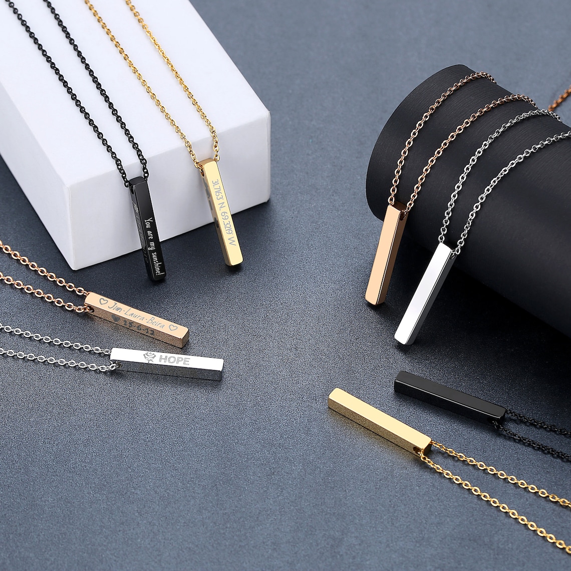 Personalized Saint Valentin Couple Blank Bar Pendant Custom Name Design Jewelry Stainless Steel Vertical Bar Necklace 