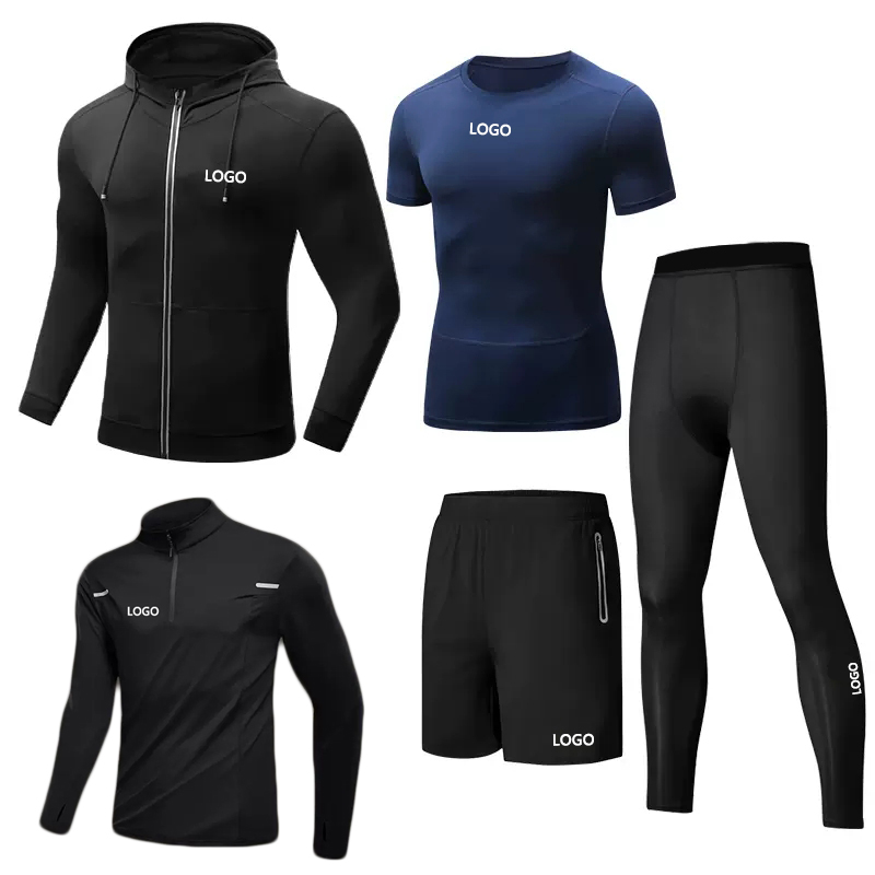 Wholesale Custom Men 5-pieces Suits Men&#39;s Compression Shirt Set High Elastic Quick Drying Breathable Sportswear Gym Fitness Set 