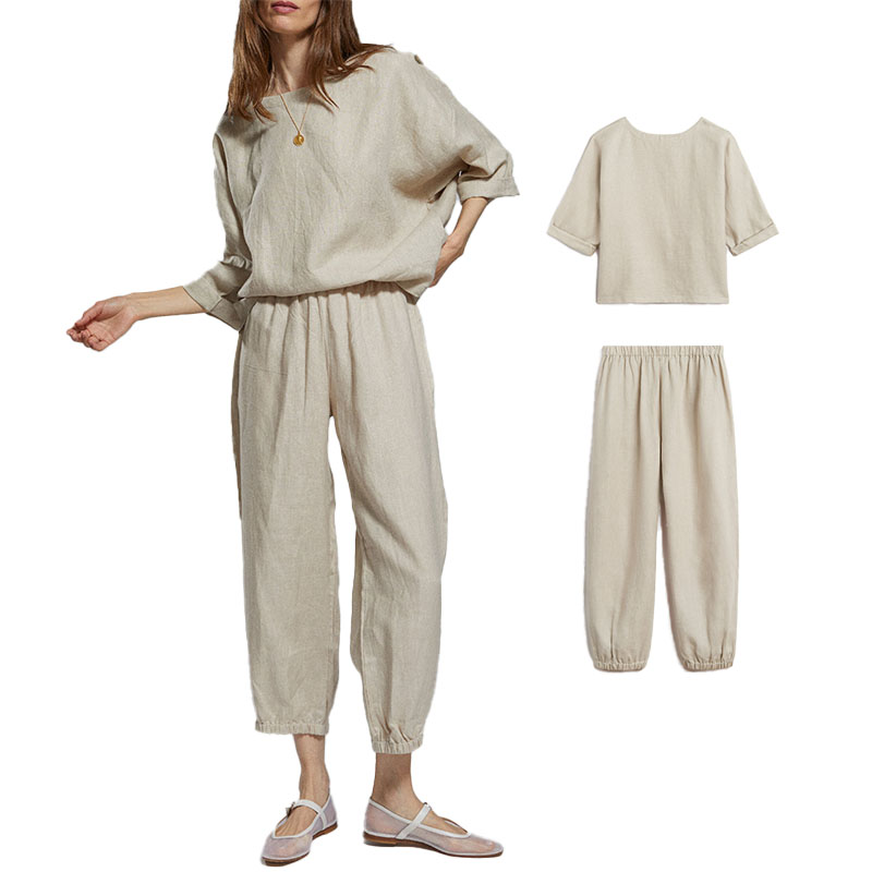 High Quality Custom Logo Linen Set For Women 2 Piece Oversized Top And Linen Pants Set Women Casual Loungewear Linen Pants Set 