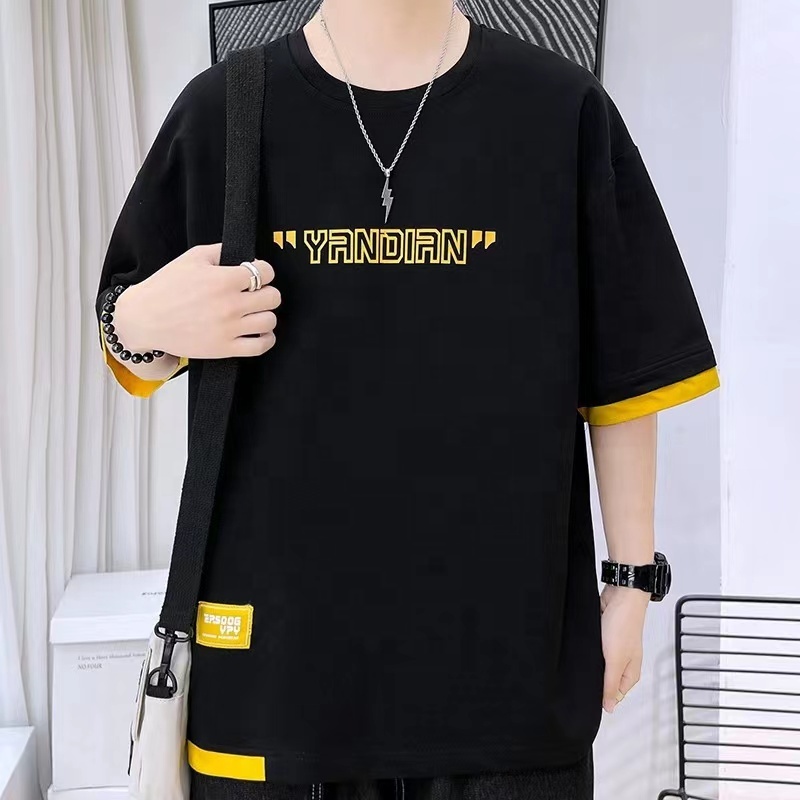 100% Cotton Men&#39;s Half Sleeve Summer T-shirt Oversized Street Trend Custom Logo Harajuku Style Print Loose Fit Short Sleeve Tops 