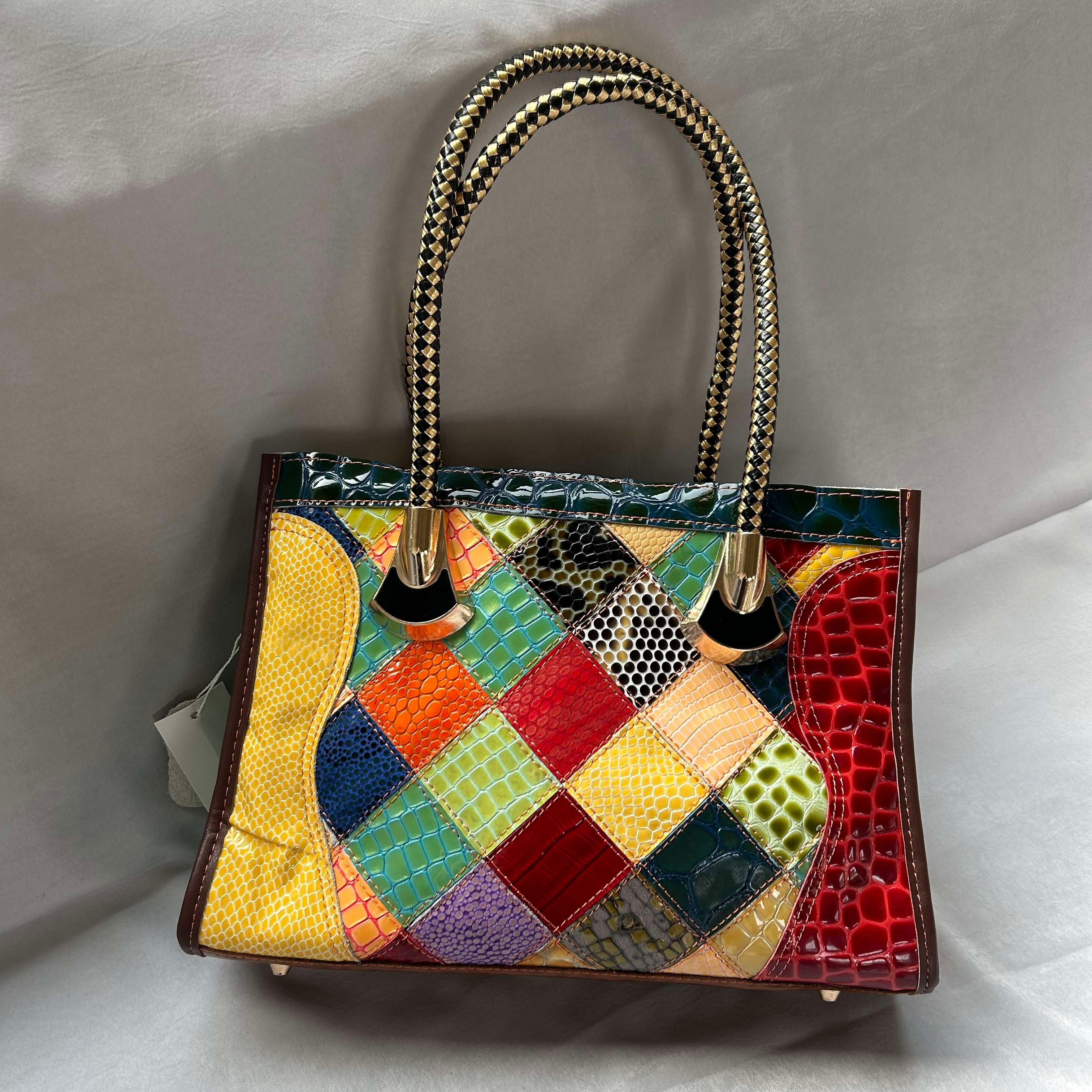 Wholesale Patchwork Real Cowhide Genuine Leather Handbag Ladies Vintage Unique Colorful Stripes Snake Large Women&#39;s Tote Bags 