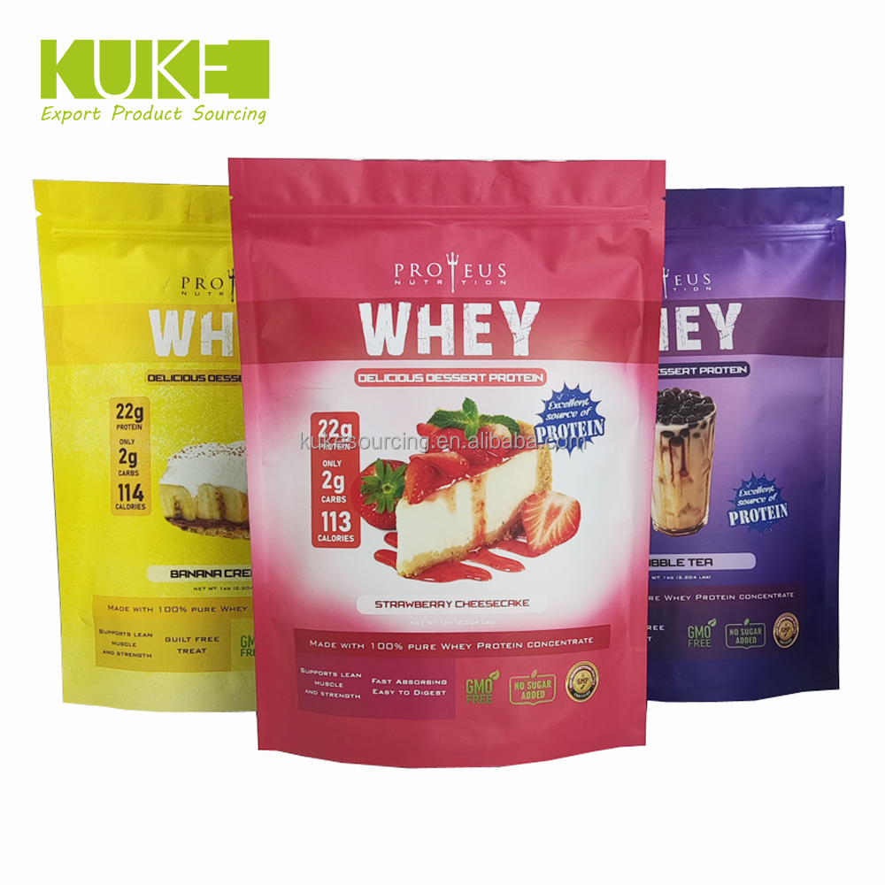 Custom Matte Glossy Black Printing Stand Up Bag Aluminum Foil Whey Protein Pouch With Zipper For Protein Powder Packaging 