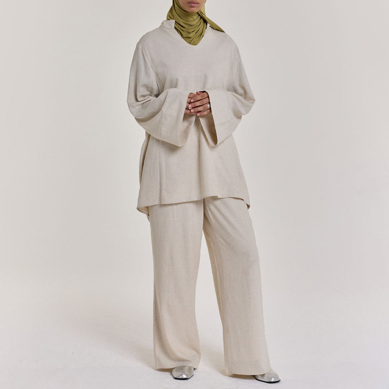 Custom Premium Linen Women 2 Pieces Set Full Sleeve Women Solid Color Linen Top And Pants 2 Pieces Set For Women 