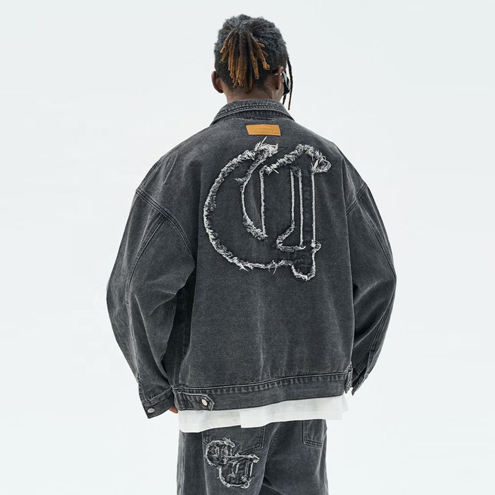 Oem Denim Jacket High Street Cross Patch Printed Embroidered Old Denim Men&#39;s Coat Loose Oversized Vintage Denim Jacket 