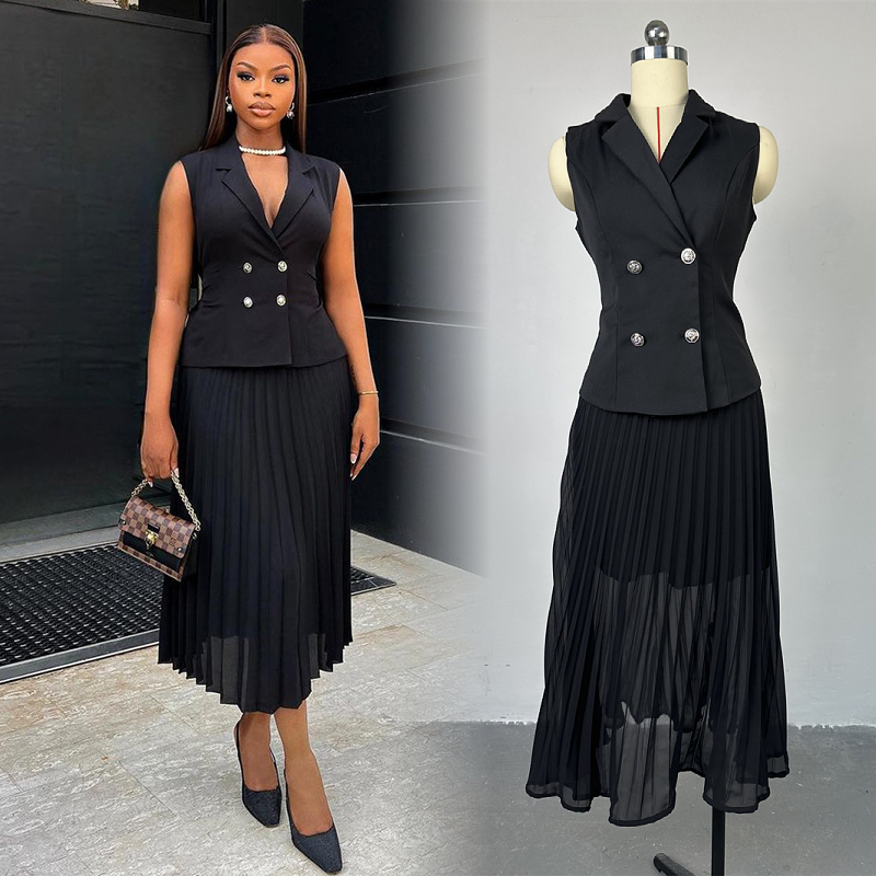 Summer Women Clothing Ladies Casual Set Temperament Suit Collar Double Breasted Vest Top Pleated Skirts Two Piece Women&#39;s Sets 