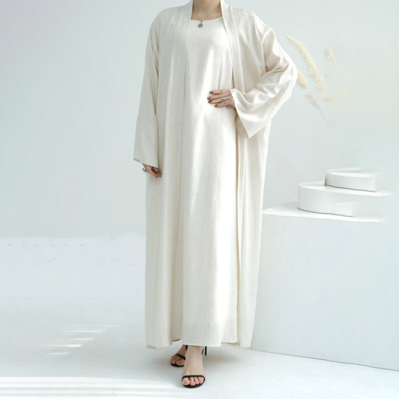 Custom Natural Linen Abaya Muslim Dress For Women Breathable Solid Color Linen Blend Fabric Women Abaya Set 