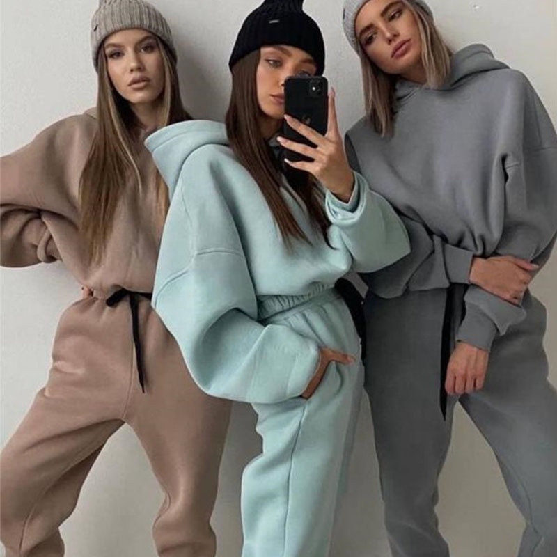 Oem High Quality Heavy 100% Cotton 2 Piece Crop Top Hoodie Woman Oversize Sweatpants And Women&#39;s Hoodies Set Sweatsuits 